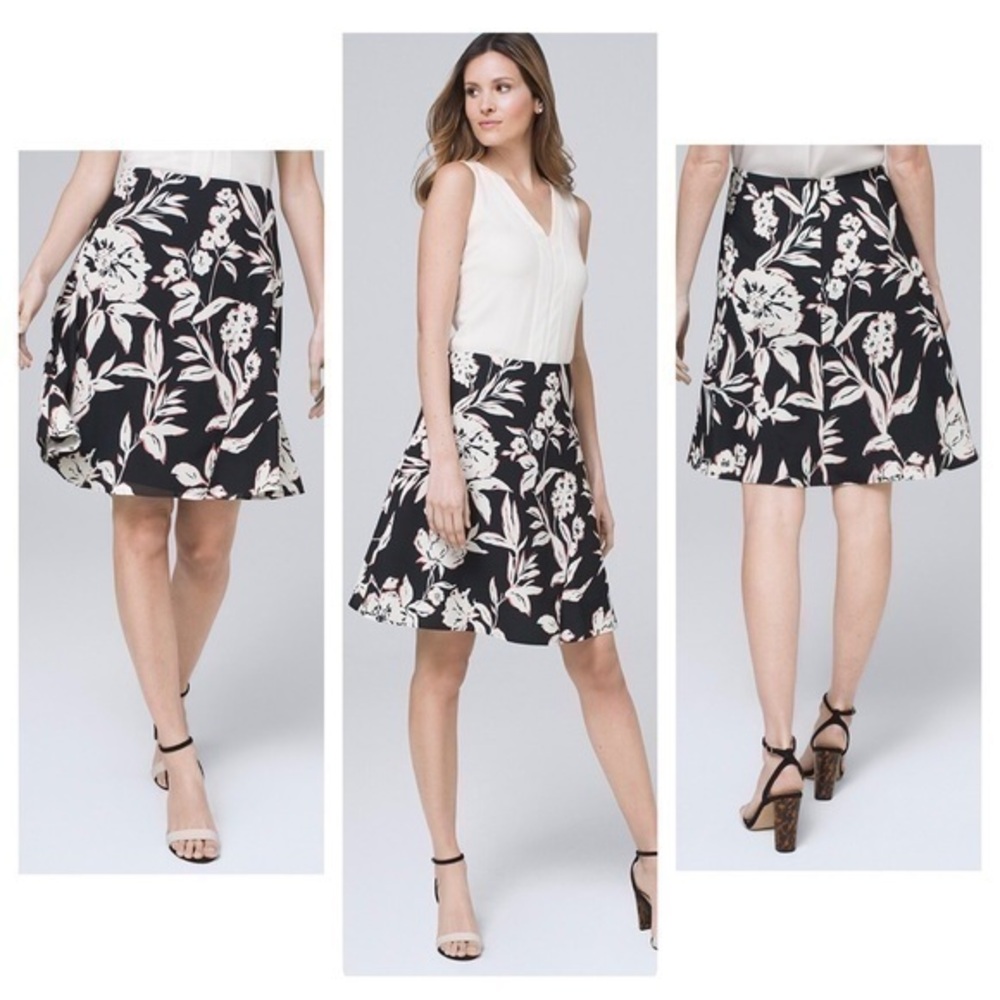 White House Black Market Black Ecru Floral Soft A-Line Skirt 8 QQ16